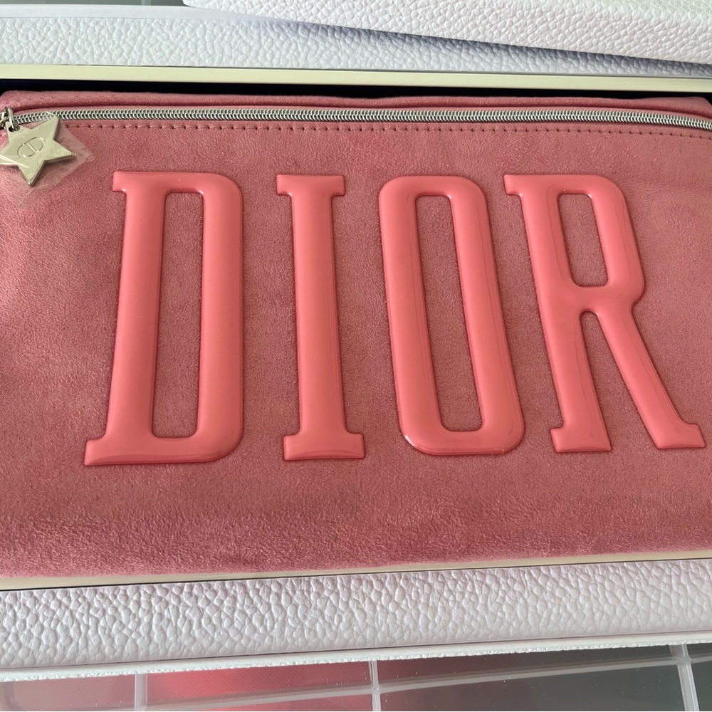Dior Coral Pink Suede Logo makeup bag